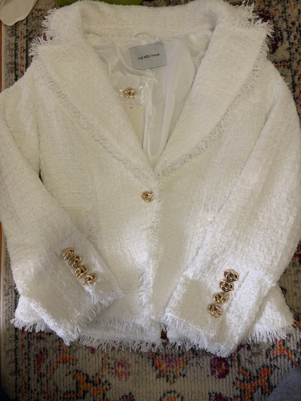 Anthropologie White Tweed Fringe Blazer with Gold Buttons